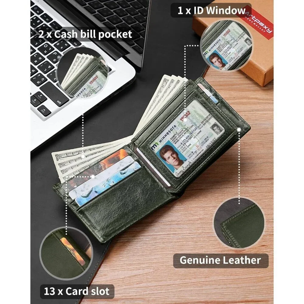Men's Classic Holders Bifold Wallet Card Green Genuine Leather 2 Cash Pockets